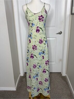 Vintage 90s Express Green Floral Strappy Maxi Dress Retro Twee Coquette Size S